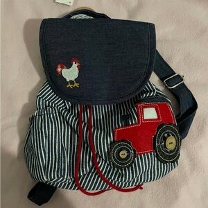 Striped Kids Backpack with Red Tractor and Rooster Design